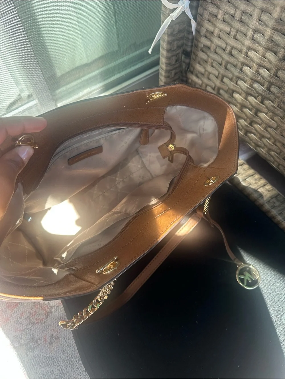 Michael Kors Tan Saffiano Leather Tote with Gold Chain Trim